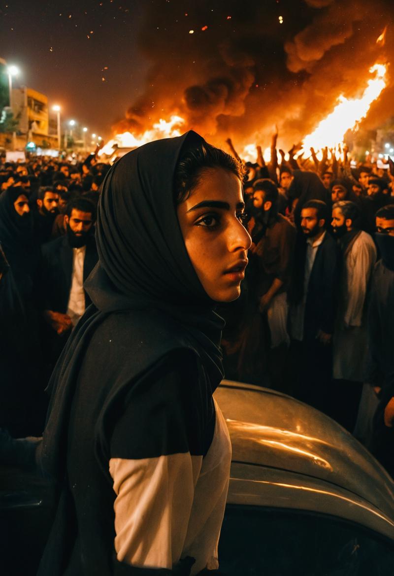 00195-dark aesthetic photo, an Iranian girl amidst a chaotic street protest in Tehran, The scene is filled with tension and unrest, as.png